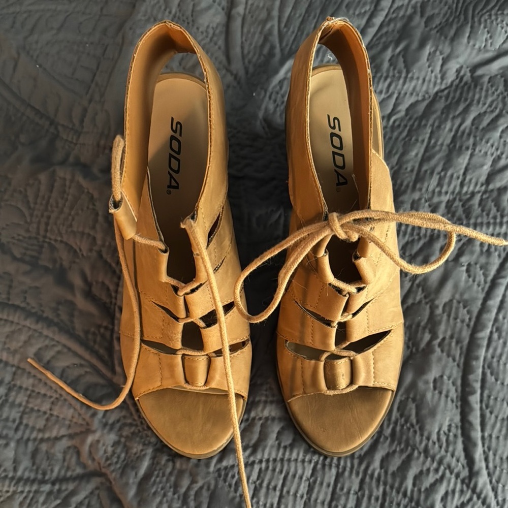 Soda Tan Sandals with Chunky Heel and Lace-Up Design